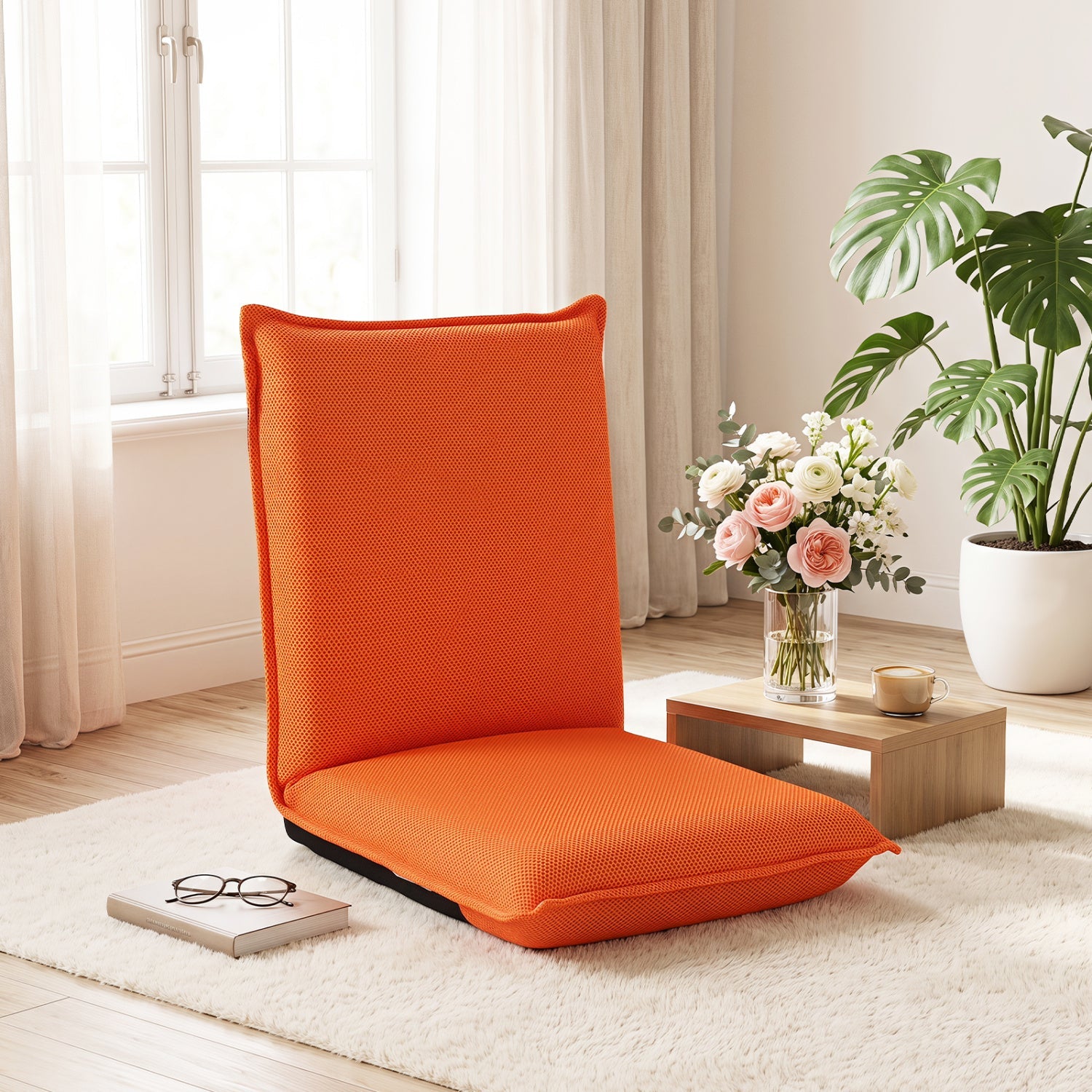 Adjustable Floor Chair with 6 reclining positions in bright orange mesh fabric on Tampa Home & Garden Store