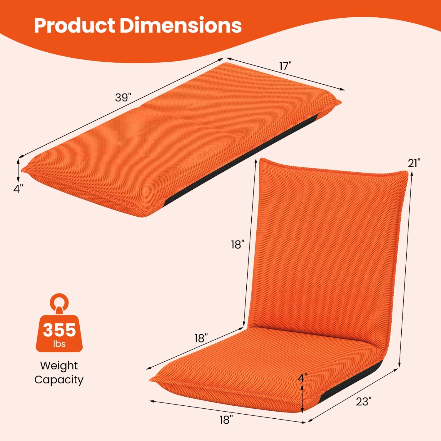 Adjustable floor chair with 6 reclining positions in orange fabric DirectDeals, 39in x 17in on Tampa Home & Garden Store