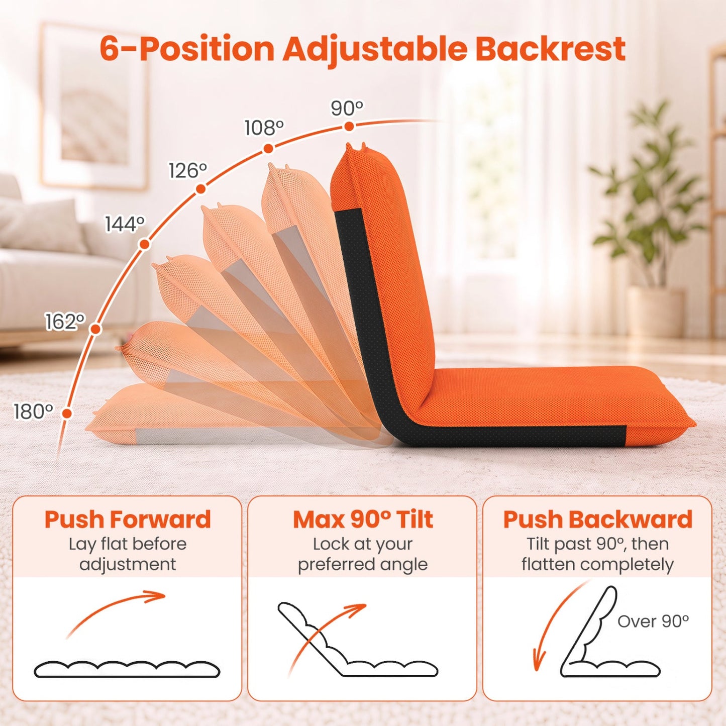 Adjustable floor chair DirectDeals orange with 6-position backrest for floor seating on Tampa Home & Garden Store