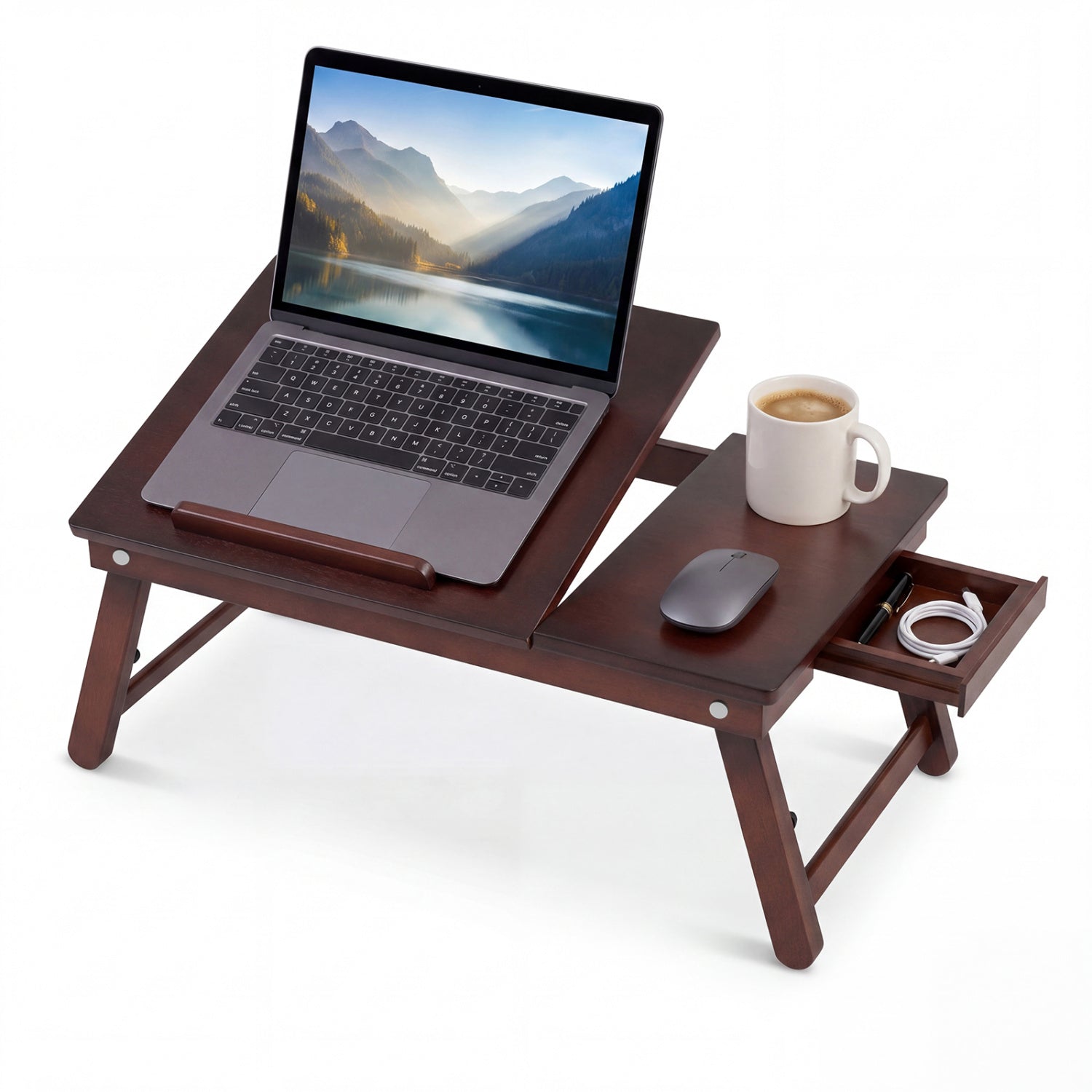 DirectDeals Adjustable Bamboo Laptop Desk with Tilting Top in dark wood finish with side drawer on Tampa Home & Garden Store