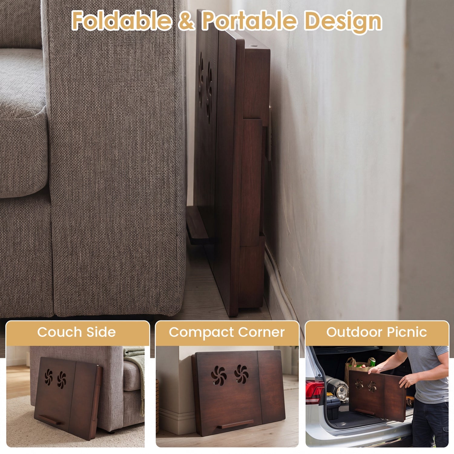 Adjustable bamboo laptop desk with tilting top by DirectDeals, stored folded beside a sofa on Tampa Home & Garden Store