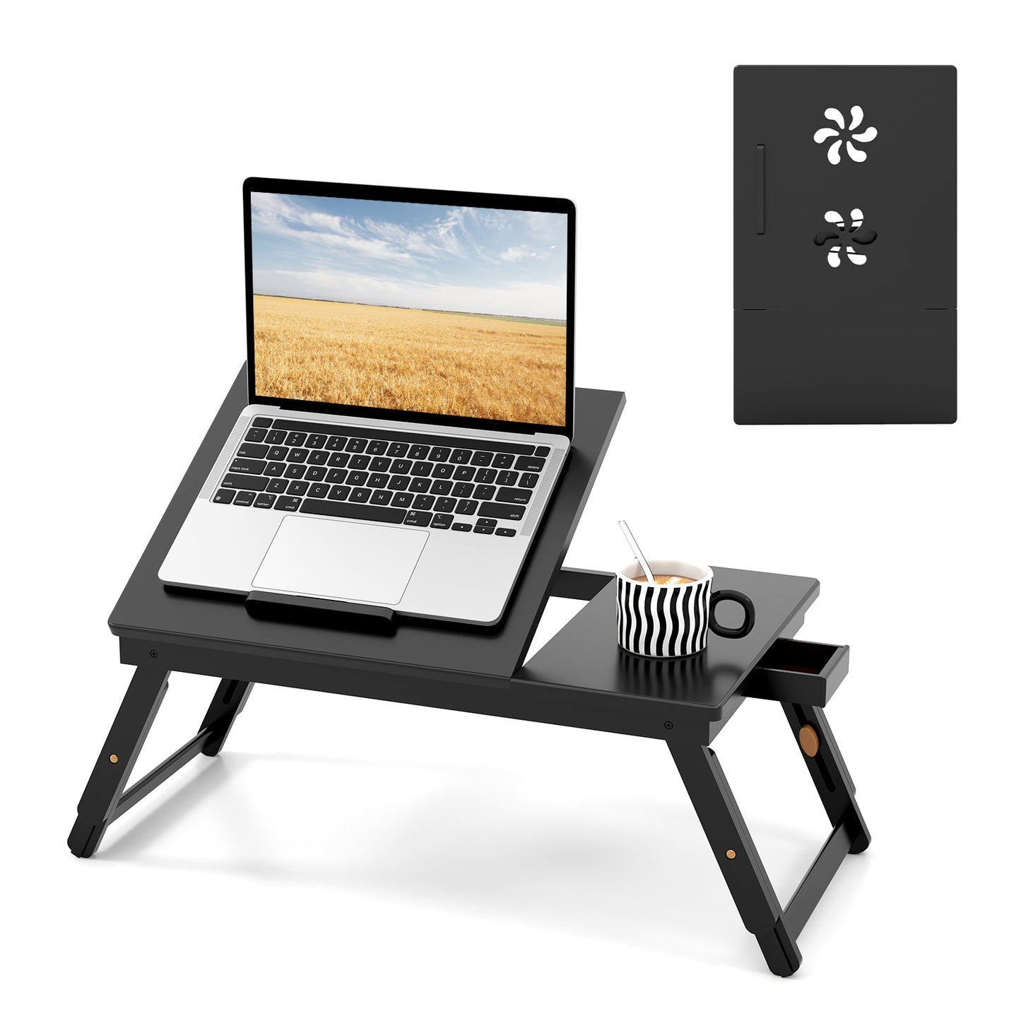 Escritorio portátil de bambú ajustable con tapa inclinable y cajón - Marrón