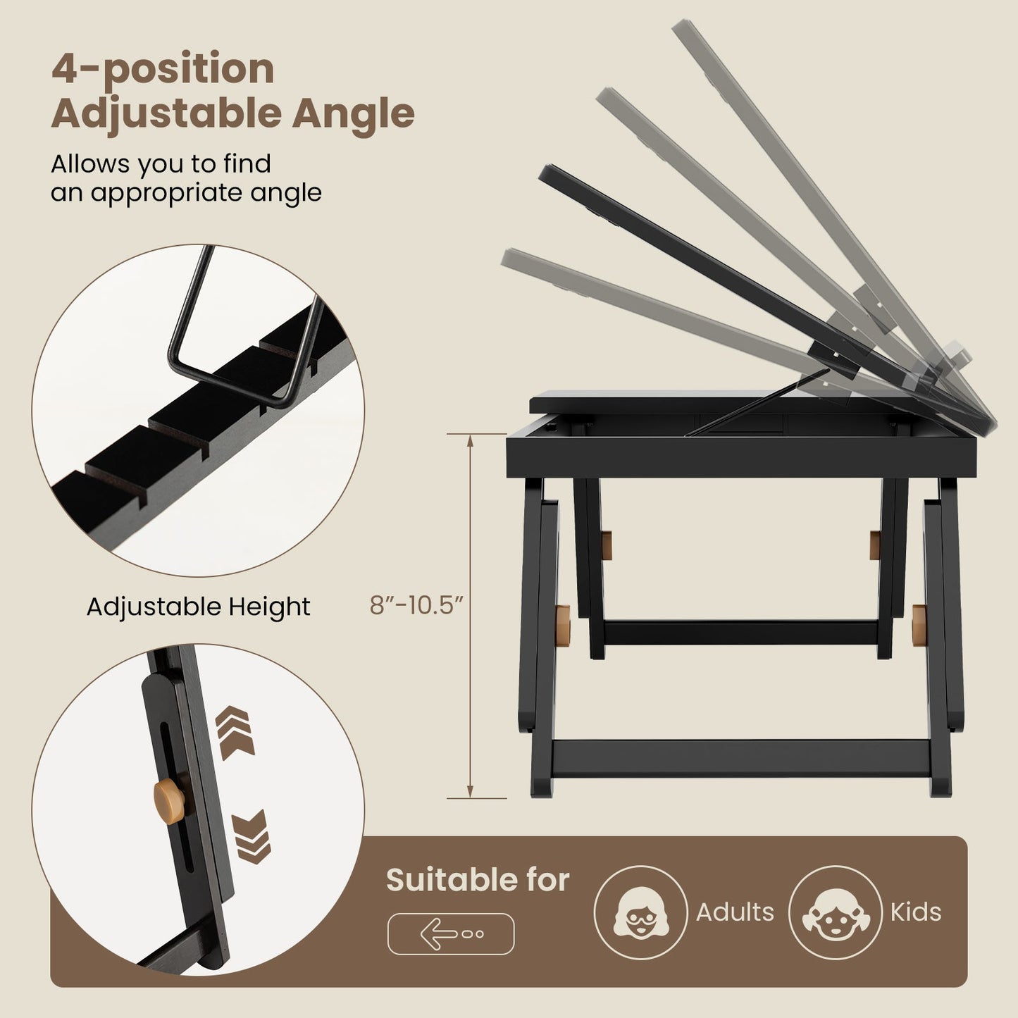 Escritorio portátil de bambú ajustable con tapa inclinable y cajón - Marrón