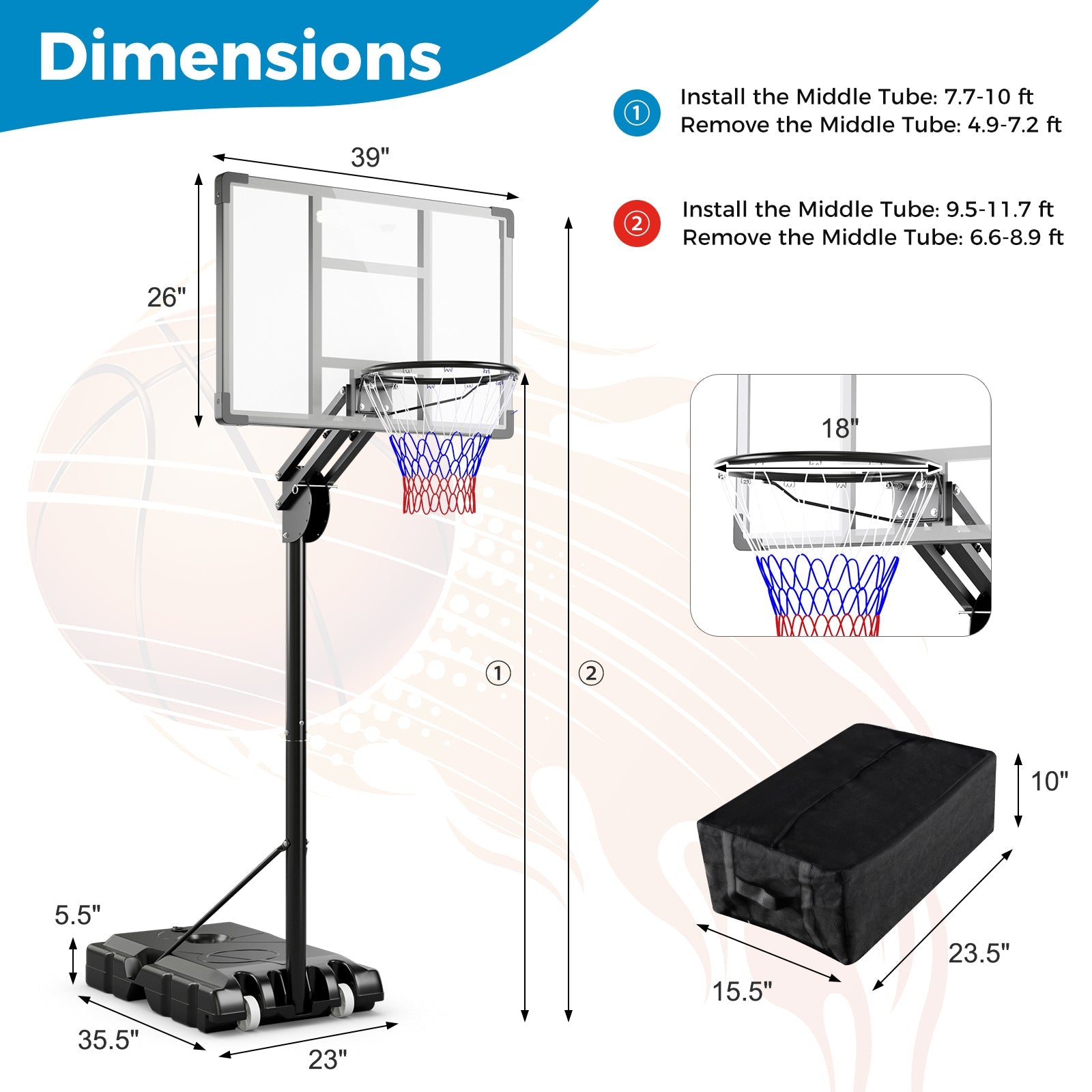 4.9-10 Feet Adjustable Basketball Hoop with Shatterproof Backboard - Tampa Home & Garden Store
