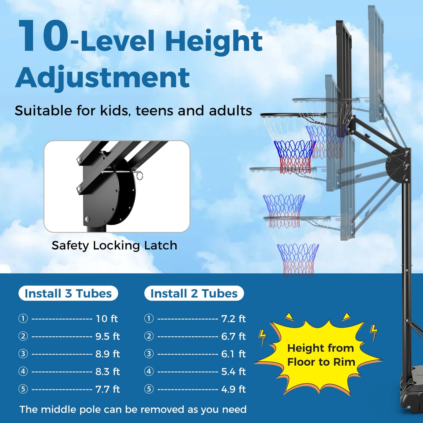 4.9-10 Feet Adjustable Basketball Hoop with Shatterproof Backboard - Tampa Home & Garden Store