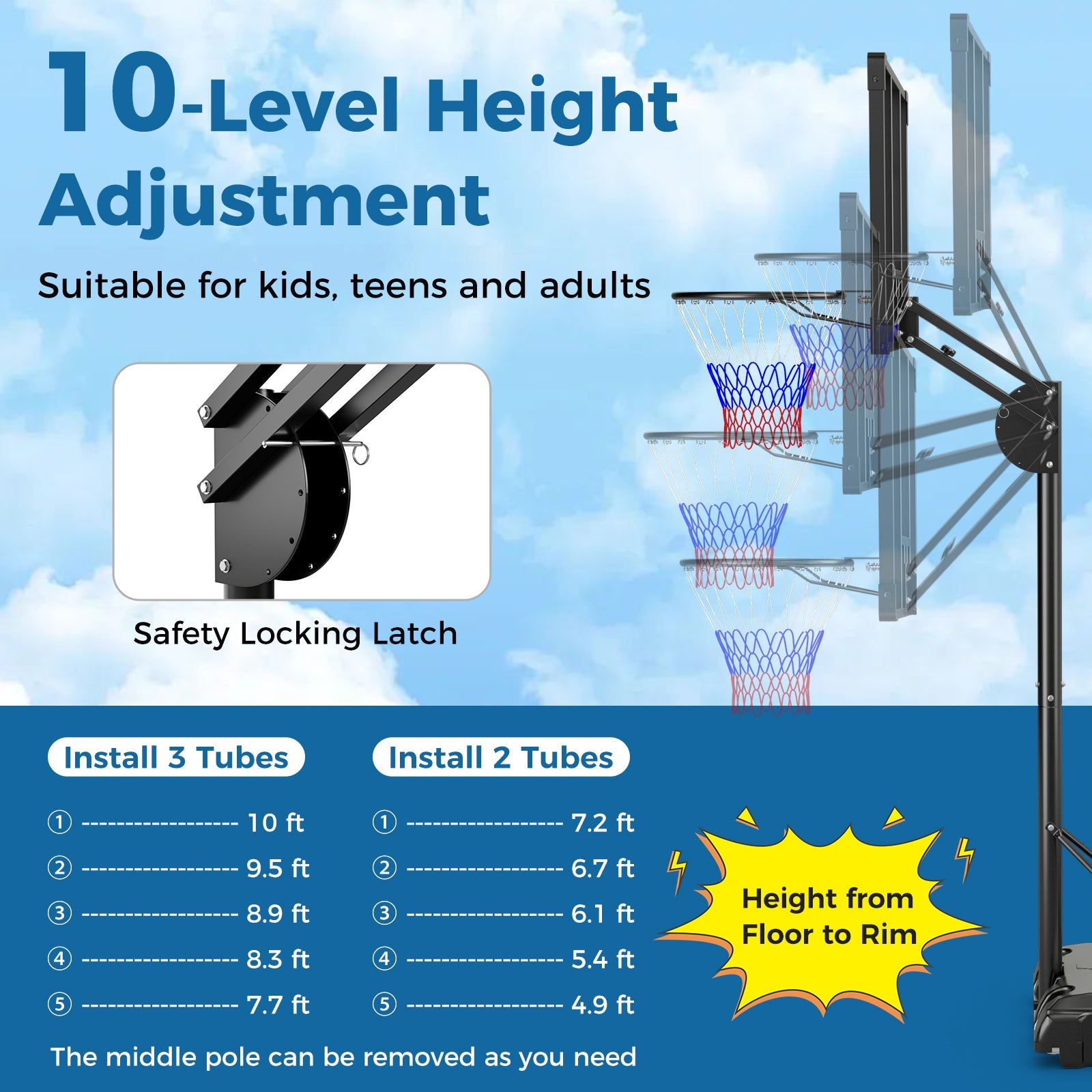 4.9-10 Feet Adjustable Basketball Hoop with Shatterproof Backboard - Tampa Home & Garden Store