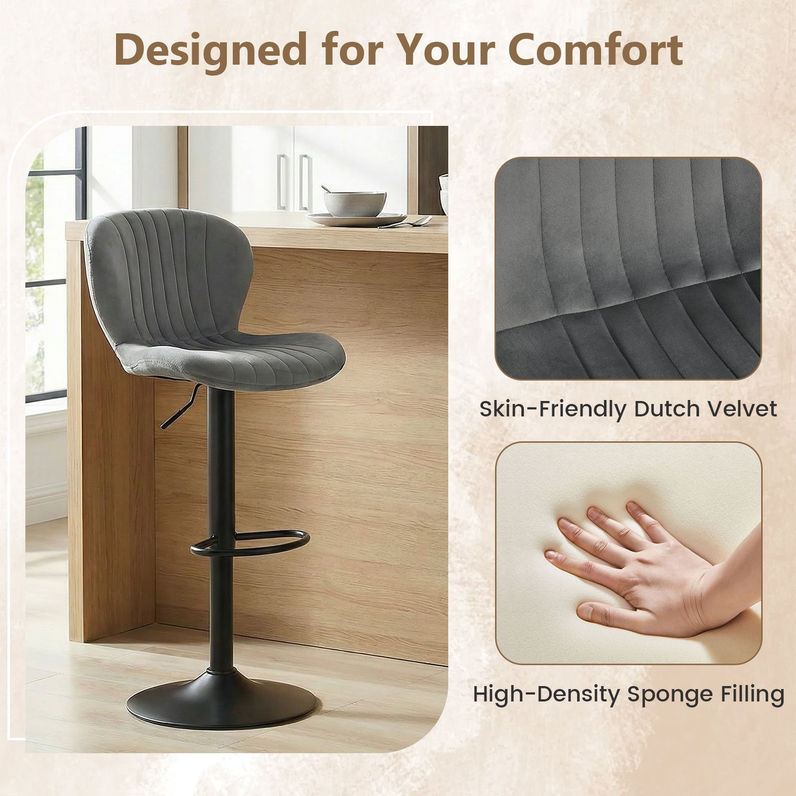 Adjustable Counter Height Chairs Set of 4 with Velvet Upholstered Backrests - Tampa Home & Garden Store
