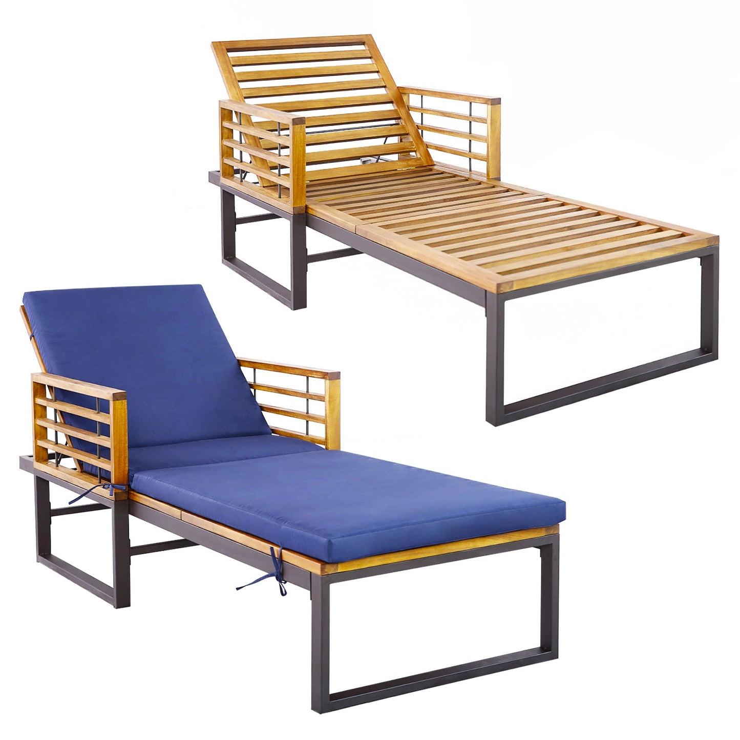 Tumbona reclinable acolchada para patio con respaldo de 4 niveles - Azul marino