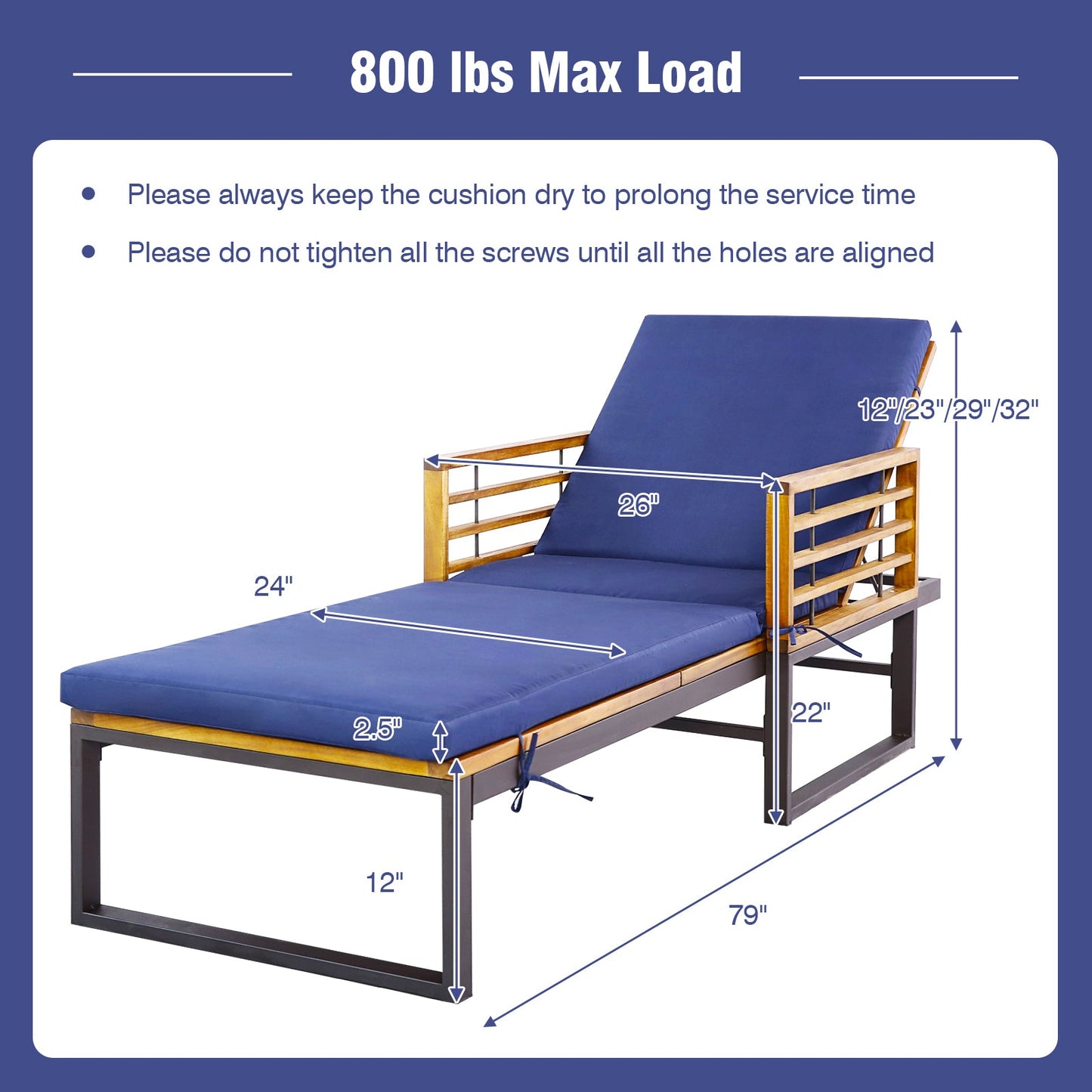 Tumbona reclinable acolchada para patio con respaldo de 4 niveles - Azul marino