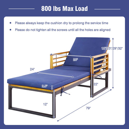 Tumbona reclinable acolchada para patio con respaldo de 4 niveles - Azul marino
