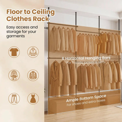 Floor to Ceiling Clothes Rack with 6 Adjustable Hanging Rods