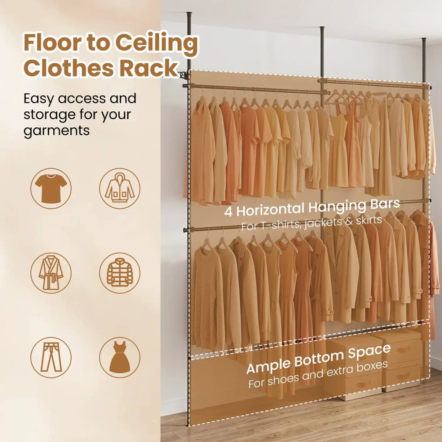 Floor to Ceiling Clothes Rack with 4 Rods