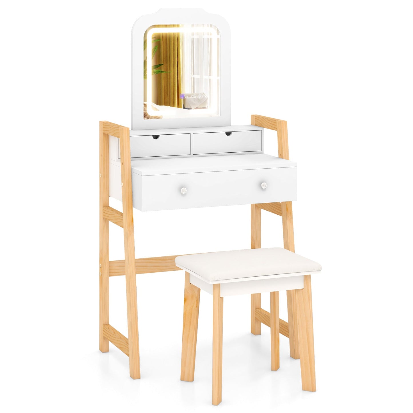 Juego de escritorio de tocador de altura regulable con espejo con luz LED de 3 colores y cajones - Blanco