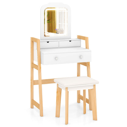 Juego de escritorio de tocador de altura regulable con espejo con luz LED de 3 colores y cajones - Blanco