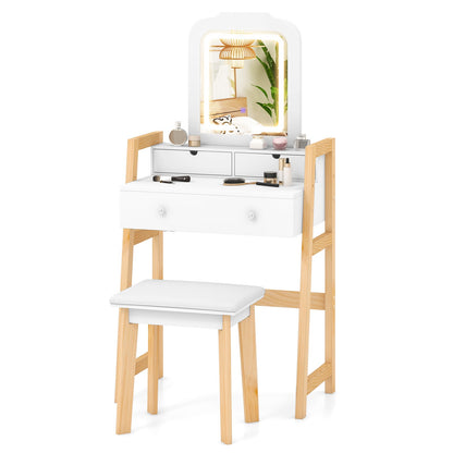 Juego de escritorio de tocador de altura regulable con espejo con luz LED de 3 colores y cajones - Blanco