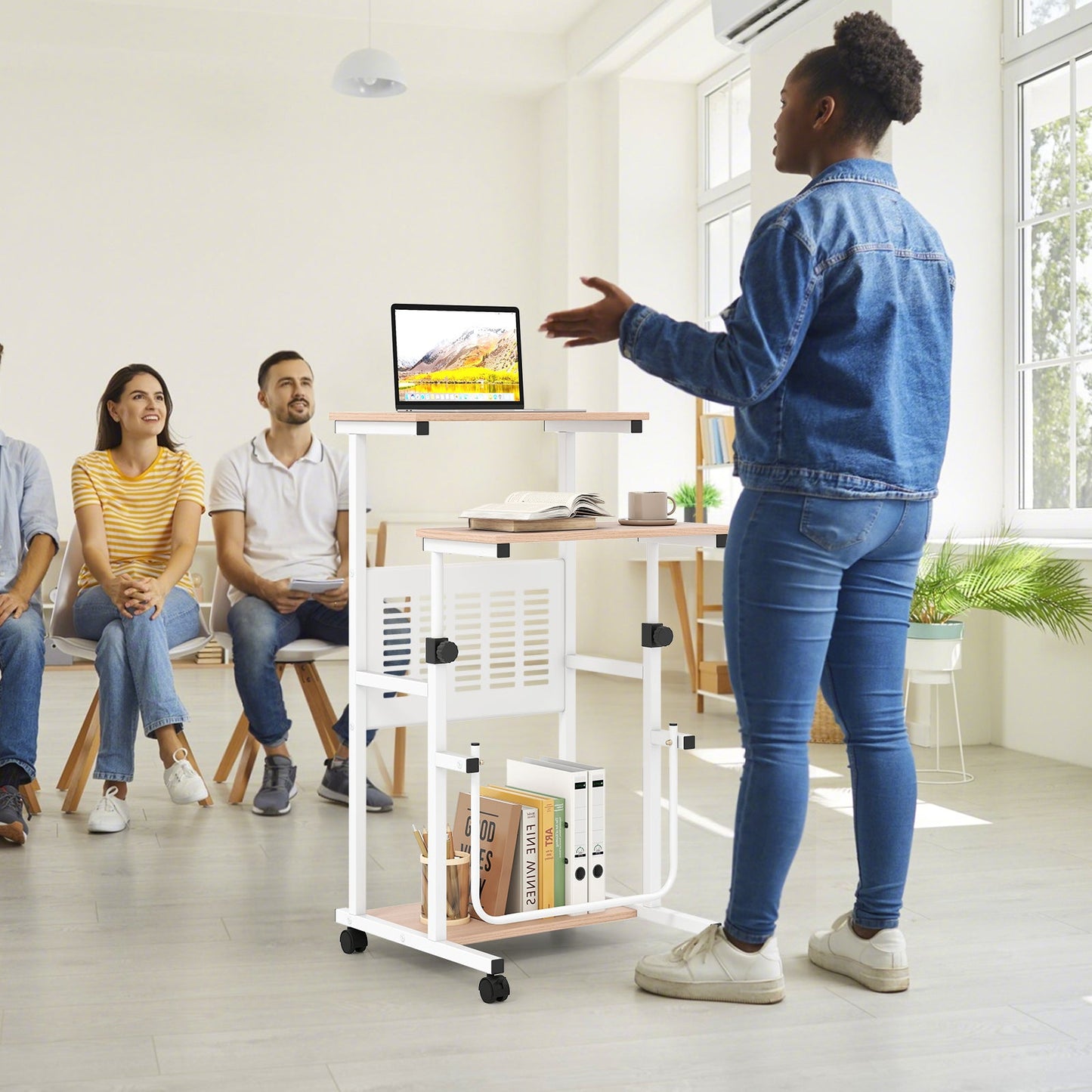 Height Adjustable Mobile Computer Stand-Up Desk with 2 Modes