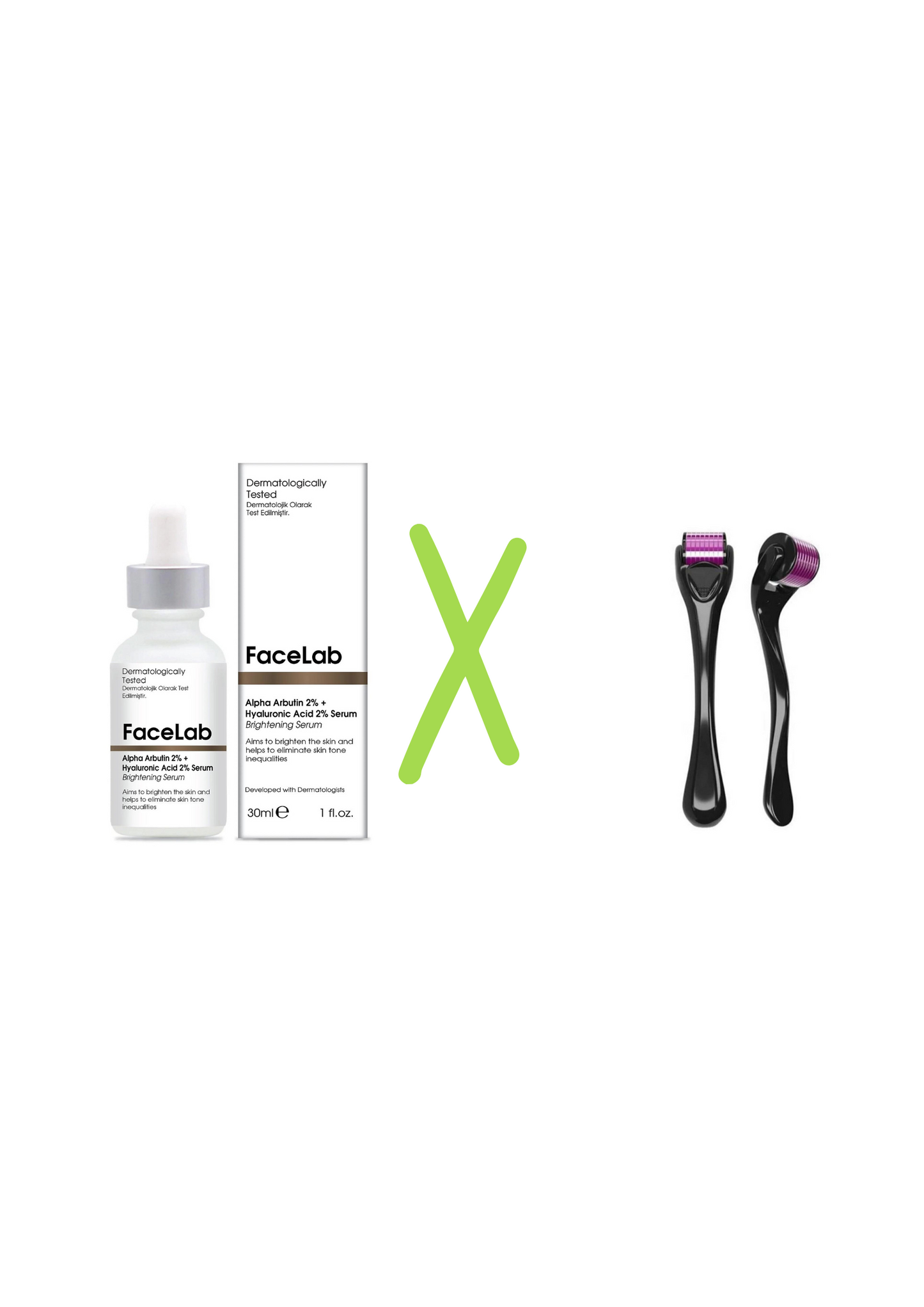 FaceLab Alpha Arbutin 2% + Hyaluronic Acid 2% Serum bottle with two dermarollers on Tampa Home & Garden Store