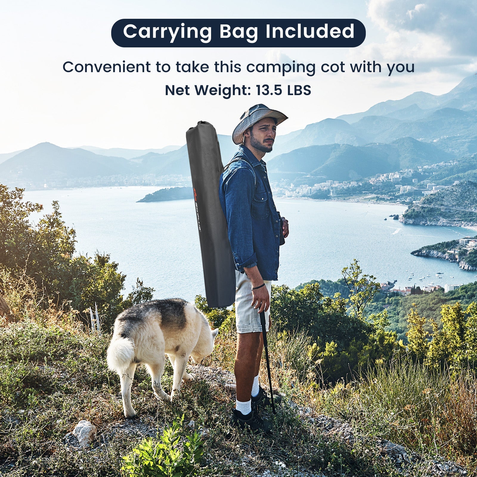 GemGear Adults Kids Folding Camping Cot in grey carrying bag with hiker and dog on hillside on Tampa Home & Garden Store