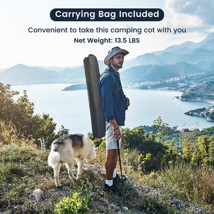 GemGear Adults Kids Folding Camping Cot in grey carrying bag with hiker and dog on hillside on Tampa Home & Garden Store