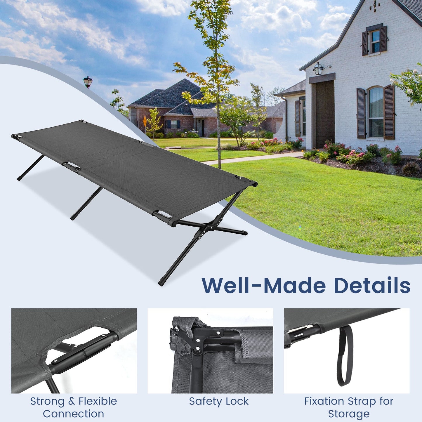 GemGear Adults Kids Folding Camping Cot gray fabric with powder-coated steel frame on Tampa Home & Garden Store