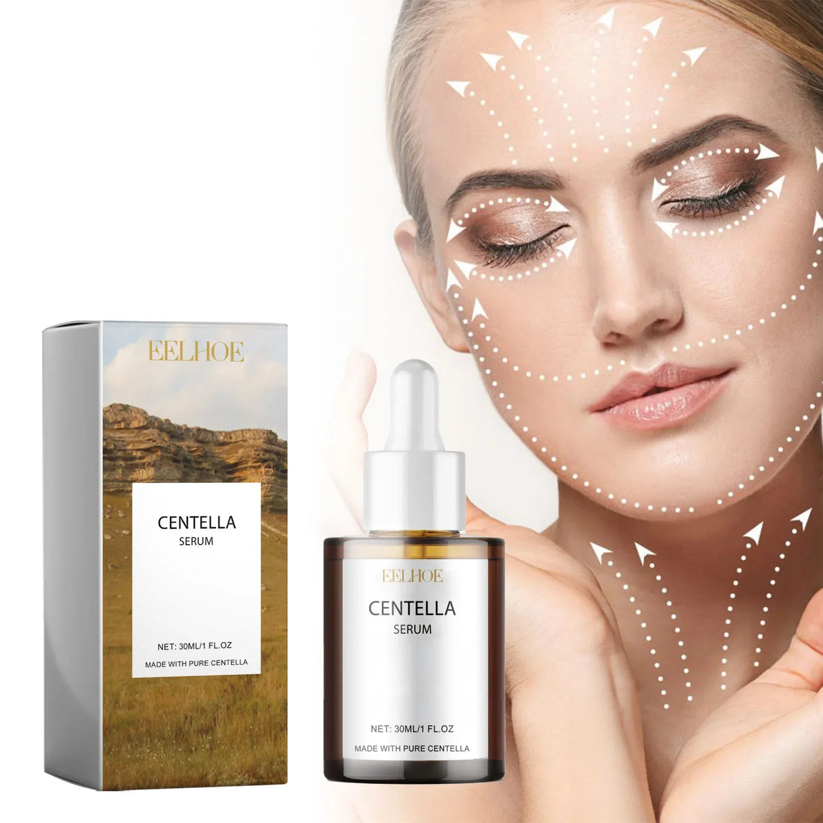 Centella Serum bottle with dropper and matching box, brown glass, white label, EELHOE branding, 30ml on Tampa Home & Garden Store