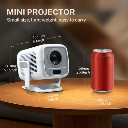 LYNCast X3AR smart outdoor projector, white unit on table beside FLIPSTYLEZLLC red can on Tampa Home & Garden Store