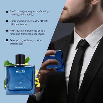 Roxelis 50ml blue perfume bottle; two blue bottles with black caps held by a man in a suit on Tampa Home & Garden Store