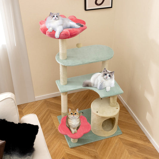 49 Inch Tall Multi-Level Aesthetic Floral Kitten Tower with Flower-Shaped Plush Padded Perch-Multicolor - Tampa Home & Garden Store