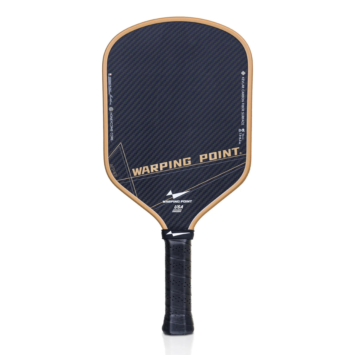 Warping Point Aether Pickleball Paddle Hybrid with dark carbon face and tan edge, black grip on Tampa Home & Garden Store