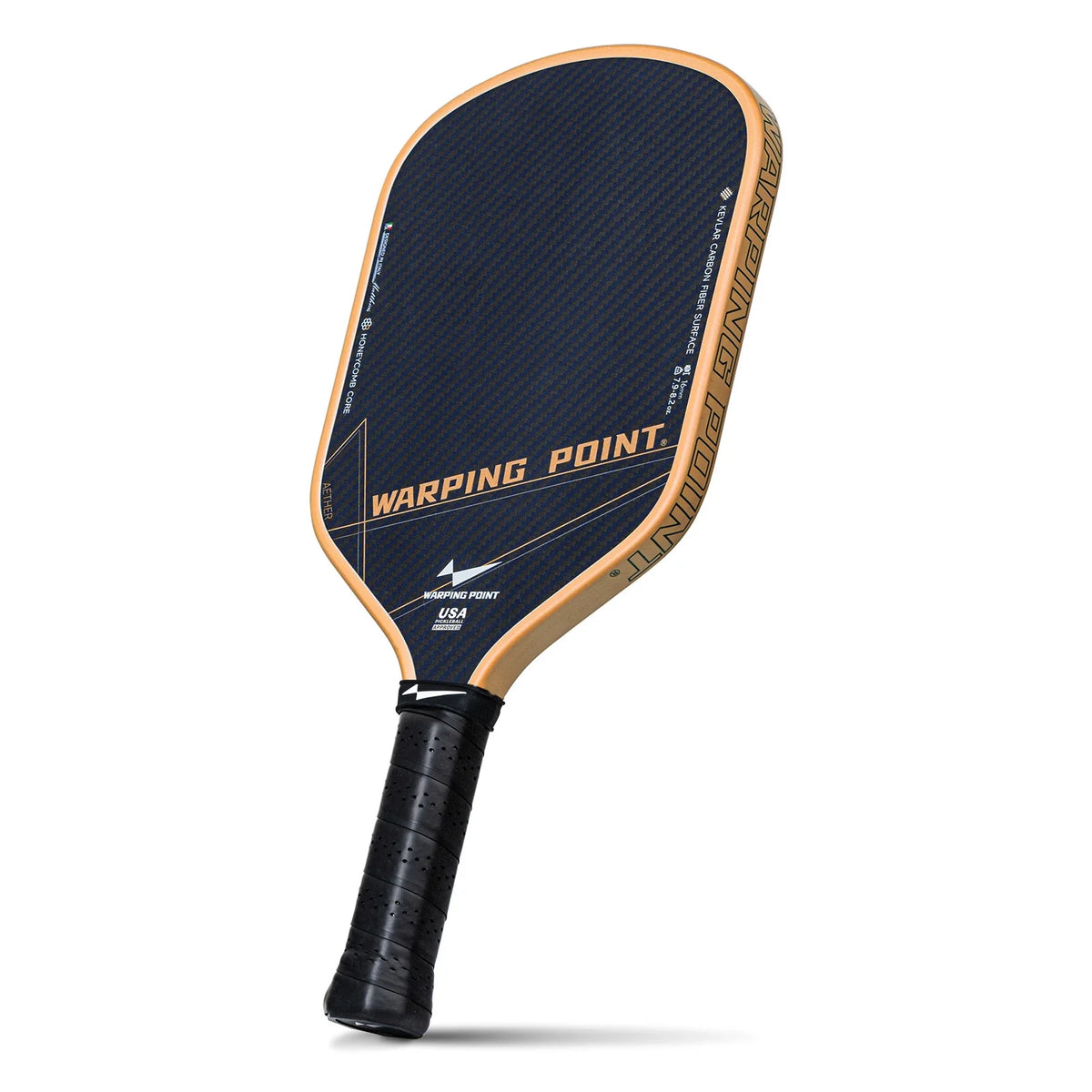 Aether Pickleball Paddle Hybrid by Warping Point with navy carbon fiber surface and orange edge on Tampa Home & Garden Store