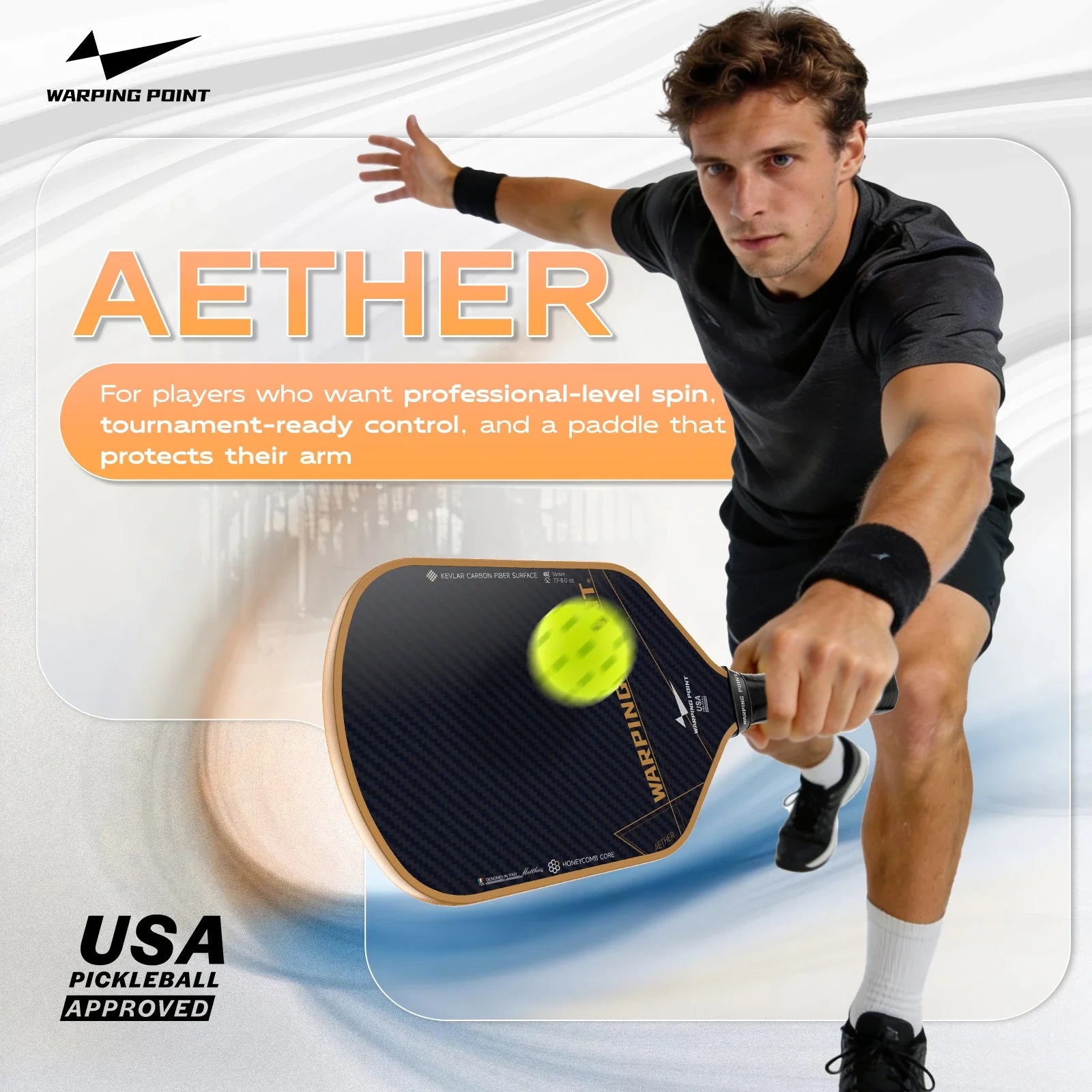 Aether Pickleball Paddle - Hybrid by Warping Point with carbon fiber face and tan rim on Tampa Home & Garden Store