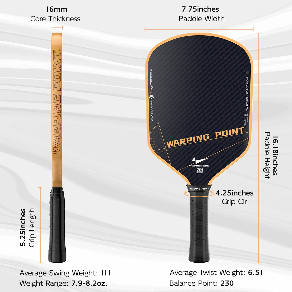 Aether Pickleball Paddle Hybrid by Warping Point with black carbon fiber surface and orange edge on Tampa Home & Garden Store