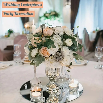 Perfecsy acrylic round mirror plate centerpiece with peach white blooms on wedding table on Tampa Home & Garden Store