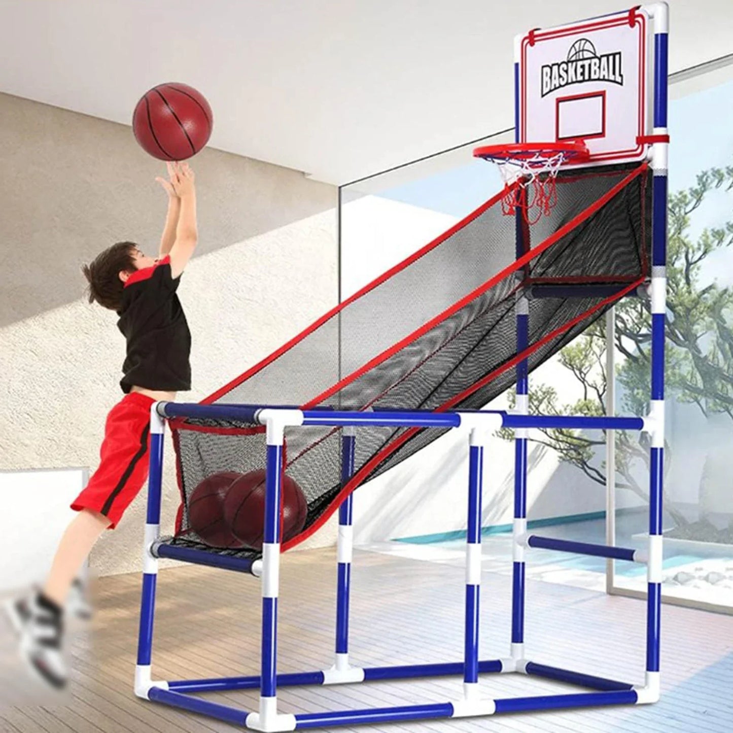 Arcade Basketball Game Set with adjustable height, blue frame and mini hoop for home play on Tampa Home & Garden Store