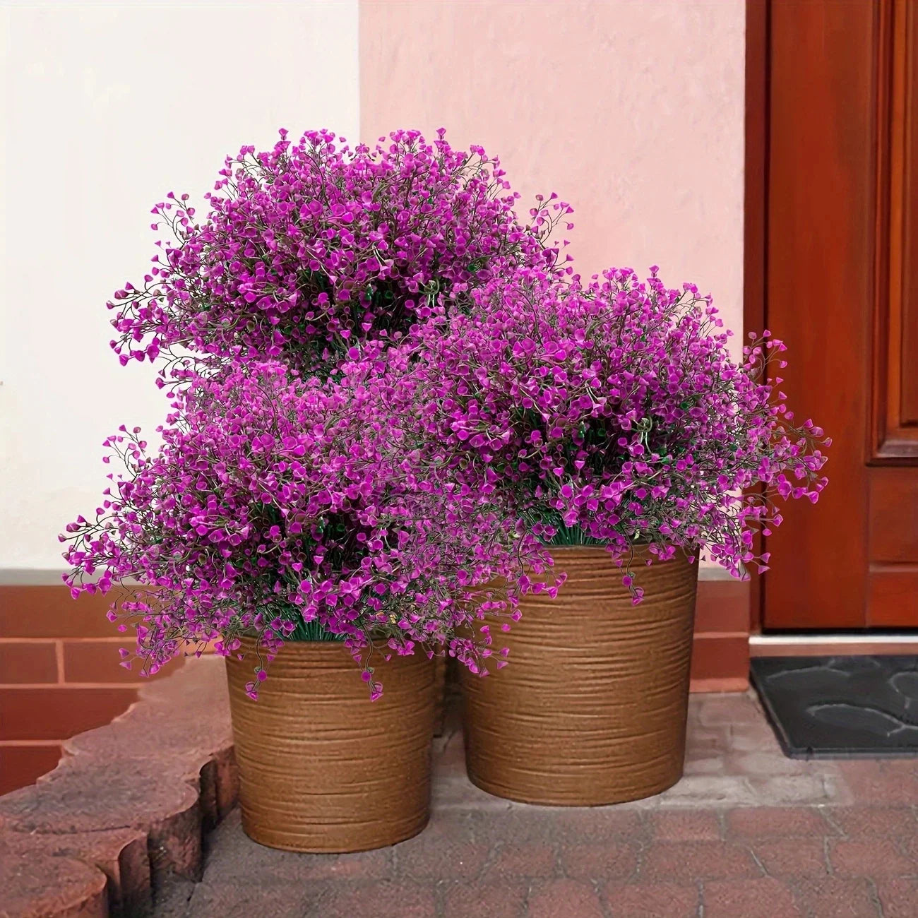 Perfecsy outdoor artificial flowers two purple shrubs in brown planters UV resistant plastic on Tampa Home & Garden Store