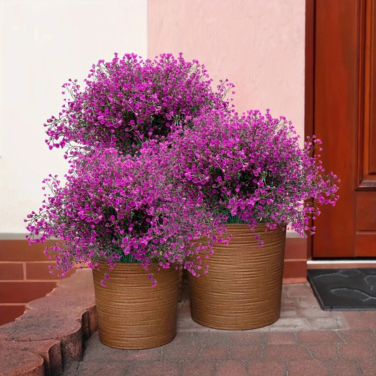 Perfecsy outdoor artificial flowers two purple shrubs in brown planters UV resistant plastic on Tampa Home & Garden Store