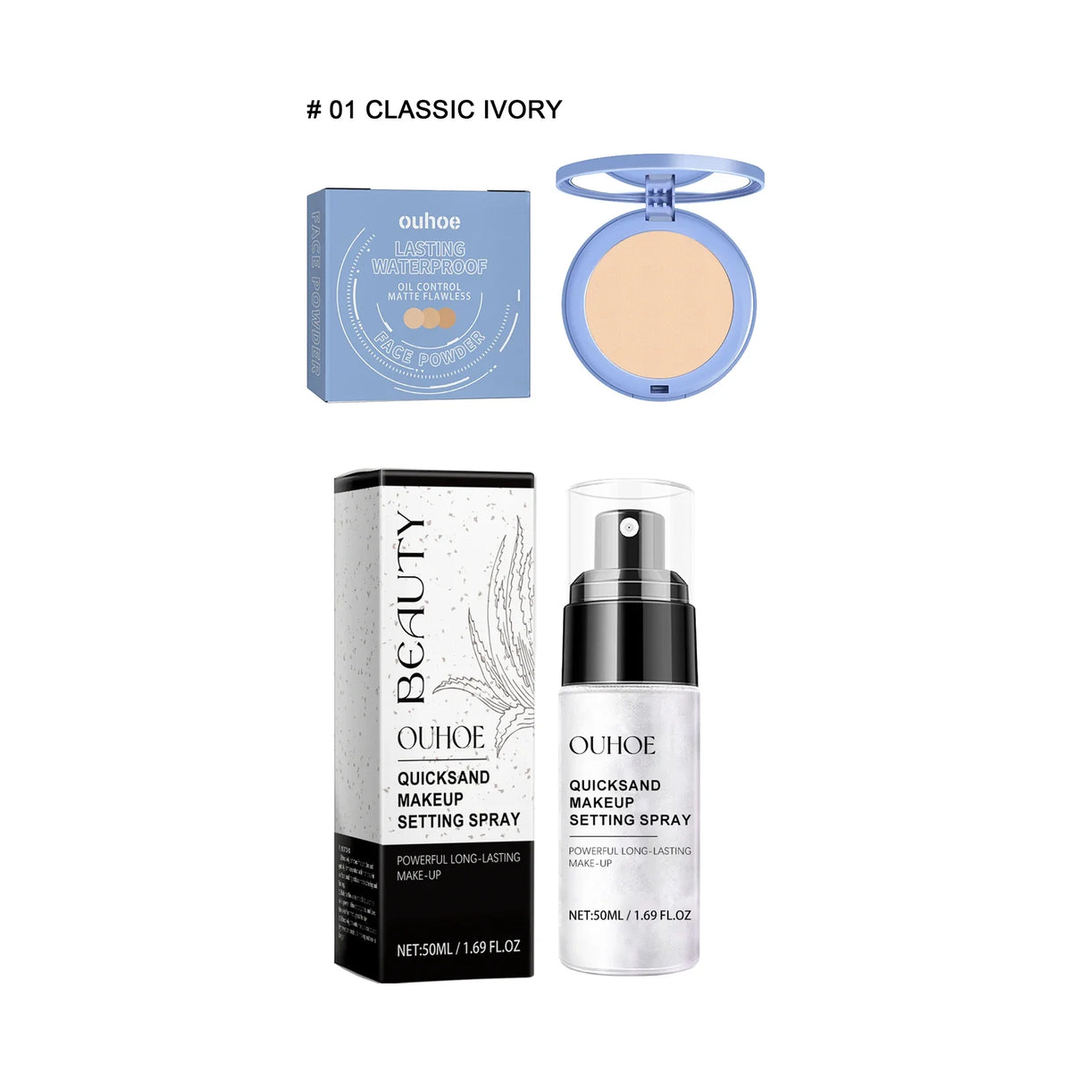 Face powder in blue compact with box beside Quicksand makeup setting spray by Silcy Skin on Tampa Home & Garden Store