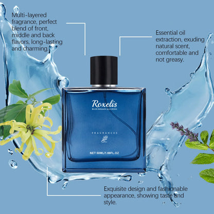 Roxelis 50ml blue glass cologne spray for men by Silcy Skin with black cap; water splash backdrop on Tampa Home & Garden Store