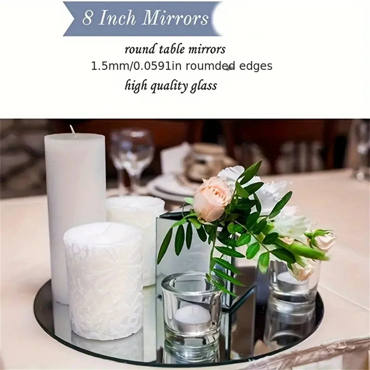 Perfecsy acrylic round dining table mirror plate with candles and flowers on mirrored tray on Tampa Home & Garden Store