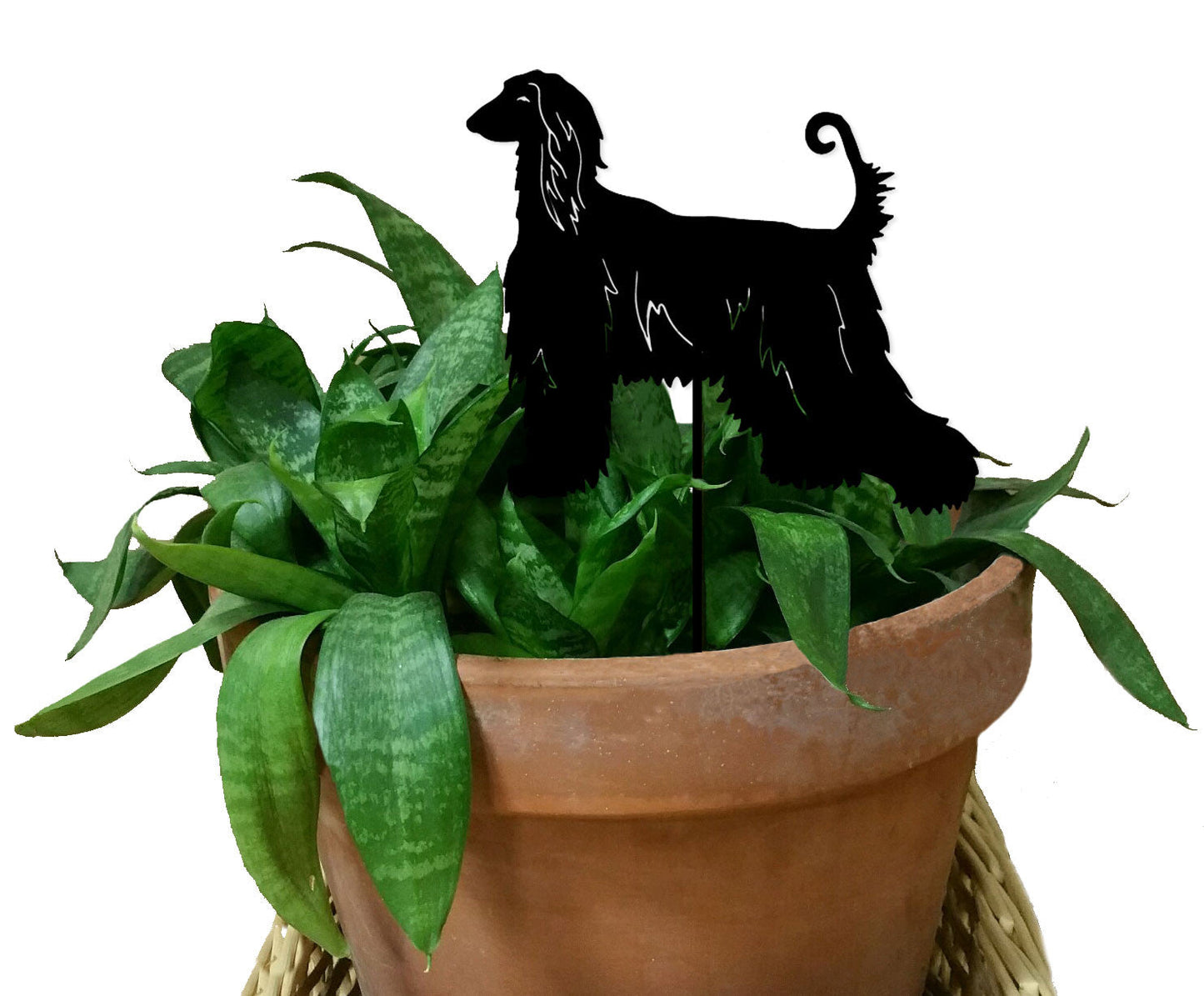 Afghan Hound Plant Stake, black silhouette on a stake in a terracotta pot with green foliage on Tampa Home & Garden Store