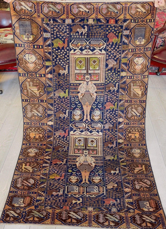 Afghani Vintage Pictorial Rug I Tribal Baluchi 4X7 Ft - Tampa Home & Garden Store