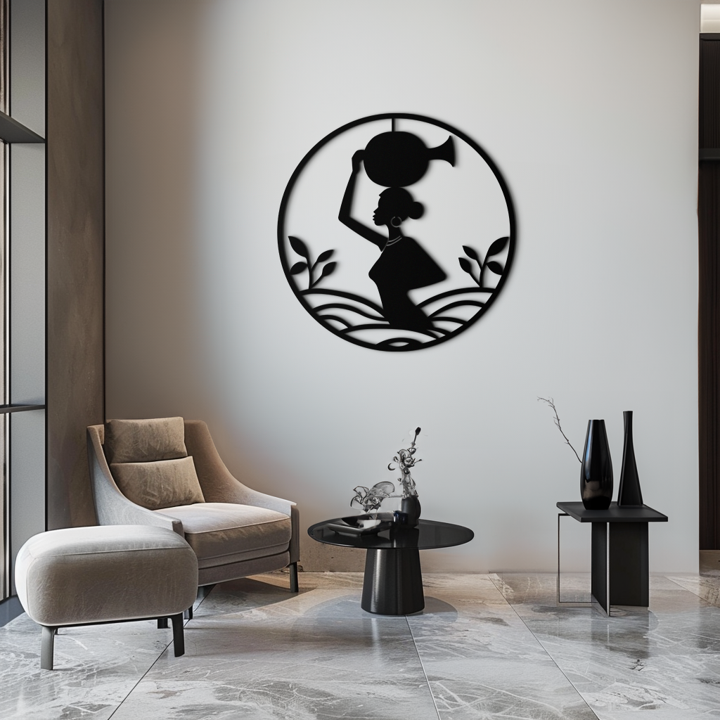 African Woman Carrying Vase Metal Wall Art – Tribal Silhouette Steel Decor for Cultural and Ethnic Interiors- KAF342 - Tampa Home & Garden Store