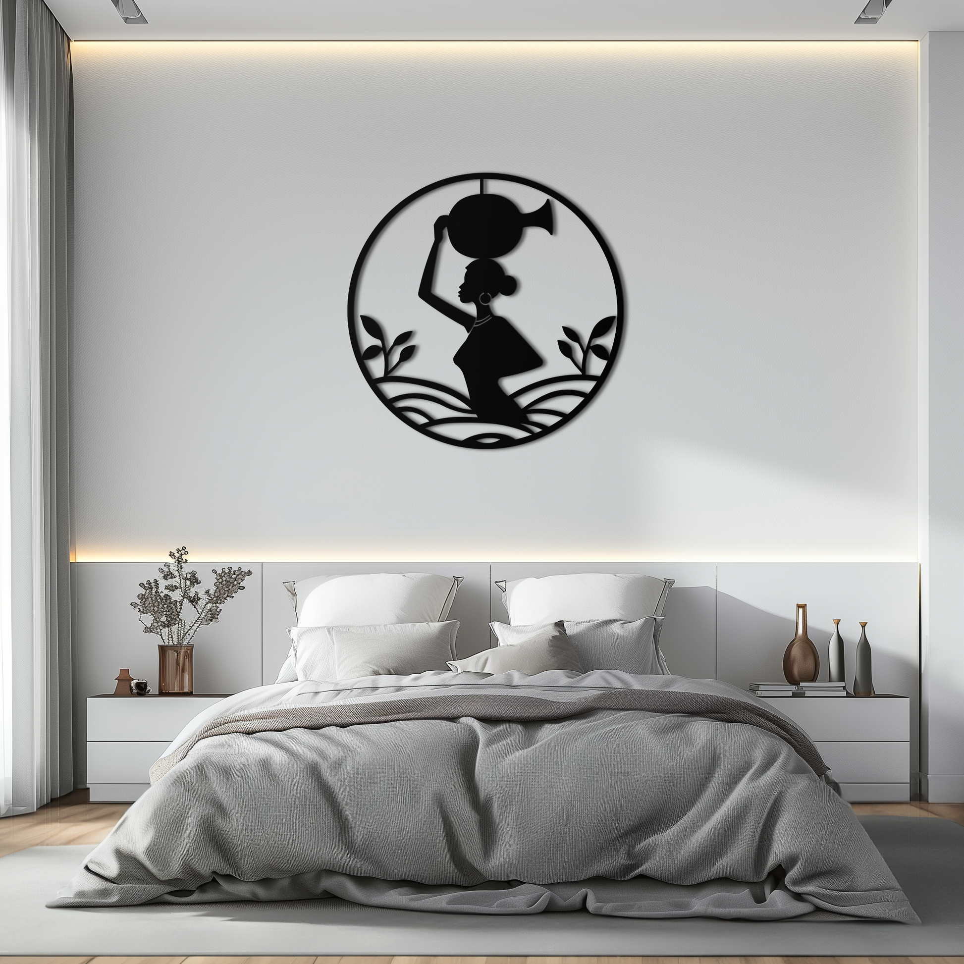 African Woman Carrying Vase Metal Wall Art – Tribal Silhouette Steel Decor for Cultural and Ethnic Interiors- KAF342 - Tampa Home & Garden Store