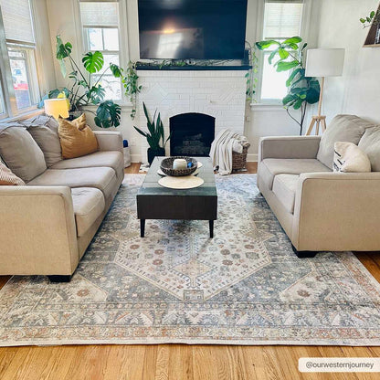 Afya Boutique Washable Rug, gray-blue geometric pattern, Boutique Rugs on Tampa Home & Garden Store