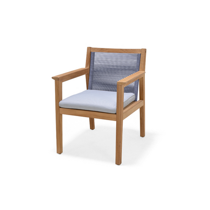 Agate Teak and Rope Armchair Blue with teak frame, blue rope back, light cushion on Tampa Home & Garden Store