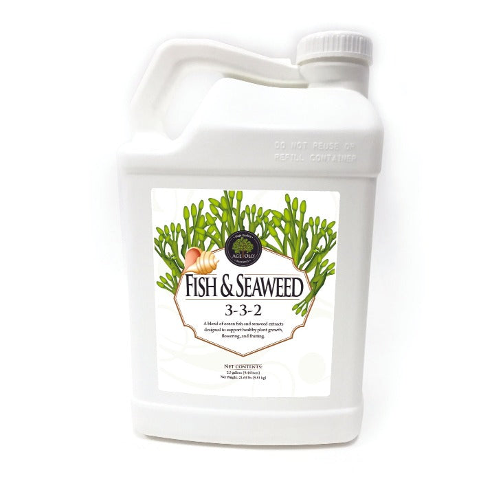 Fish & Seaweed 3-3-2 fertilizer bottle, white plastic container by Rivendell Distribution on Tampa Home & Garden Store