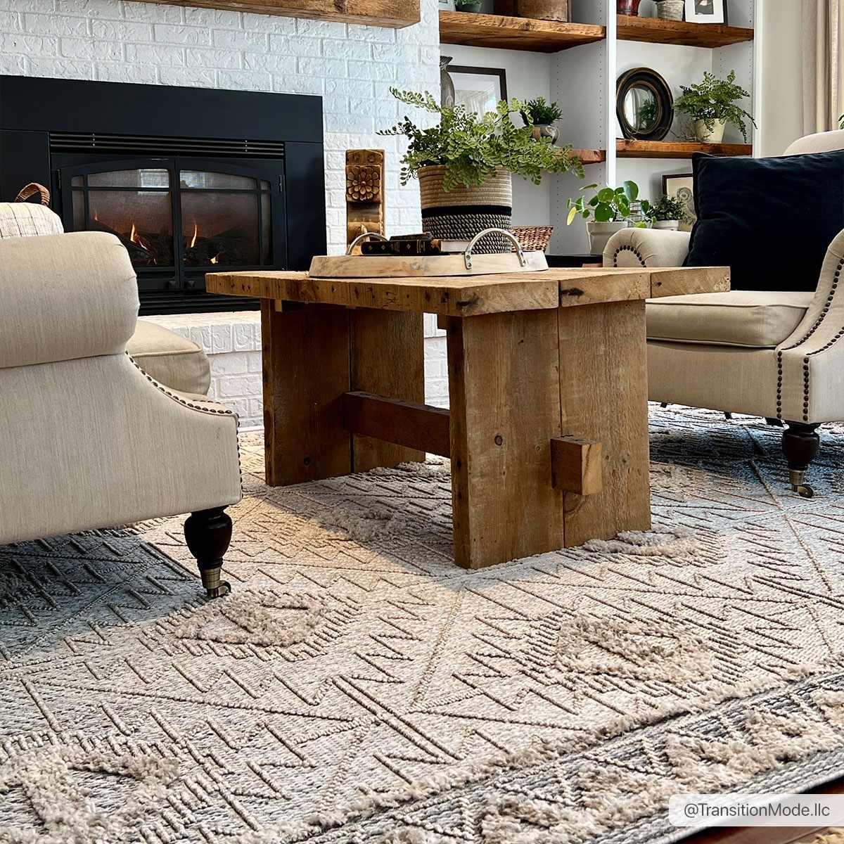 Agoo High-Low Pile Rustic Rug beige geometric pattern Boutique Rugs in a cozy living room on Tampa Home & Garden Store