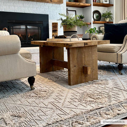 Agoo High-Low Pile Rustic Rug beige geometric pattern Boutique Rugs in a cozy living room on Tampa Home & Garden Store