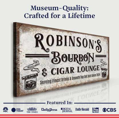 Personalized Bourbon and Cigar Bar Sign canvas by Tailored Canvases with rustic vintage signage on Tampa Home & Garden Store