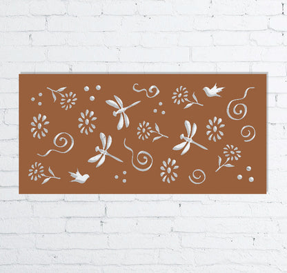 Rust brown metal wall panel with white dragonflies and floral cutouts, 46-inch on Tampa Home & Garden Store